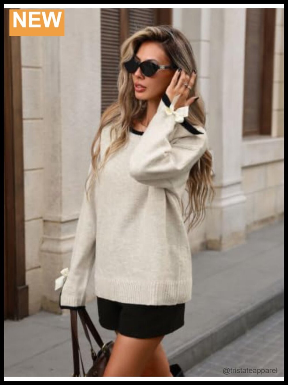 Oversized Knit Pullover Sweater Bow Slit Cuff Drop Shoulder Crew Neck - Picture 2 of 5